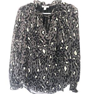 NWT Bar III Blouse Top Black Gray Ruffle Detial Size XS String Tie at Collar NEW